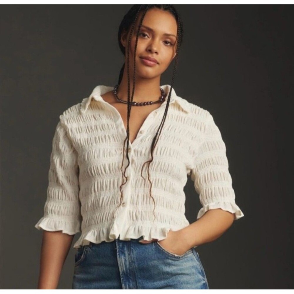 Anthropologie Maeve Smocked Crinkle Button Blouse Top - 2X